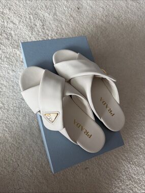 BNIB PRADA - White Napa Leather Criss Cross Slides 6.5